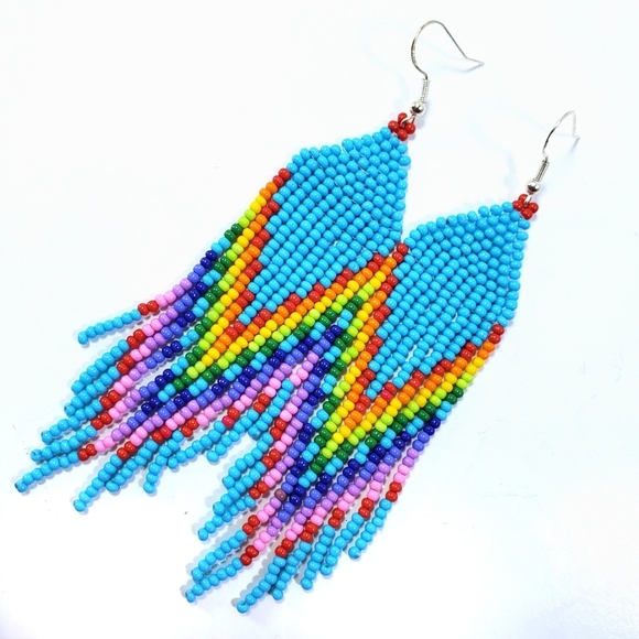 🌈 Turquoise Rainbow Long Fringe Seed Bead Earring - Picture 2 of 4